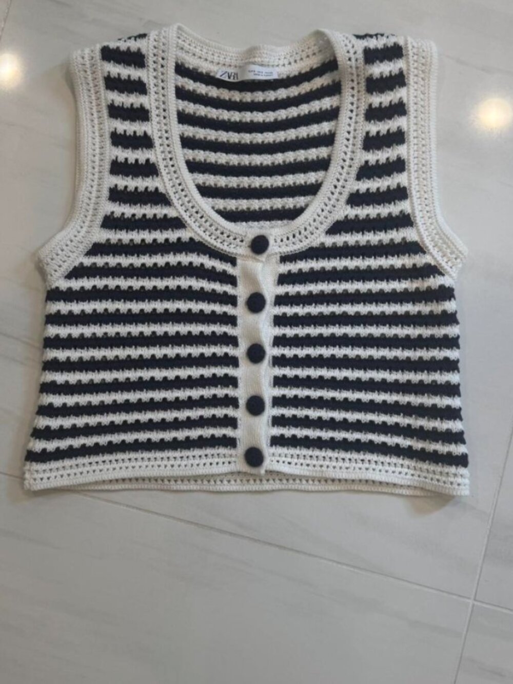 Zara Navy and White Striped Crochet Top with Button Front